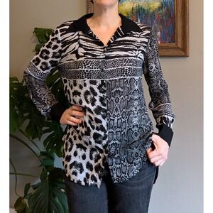 Mishca Long Sleeve Shirt M Black White Animal Print SHEER Artistic Flowy Tunic